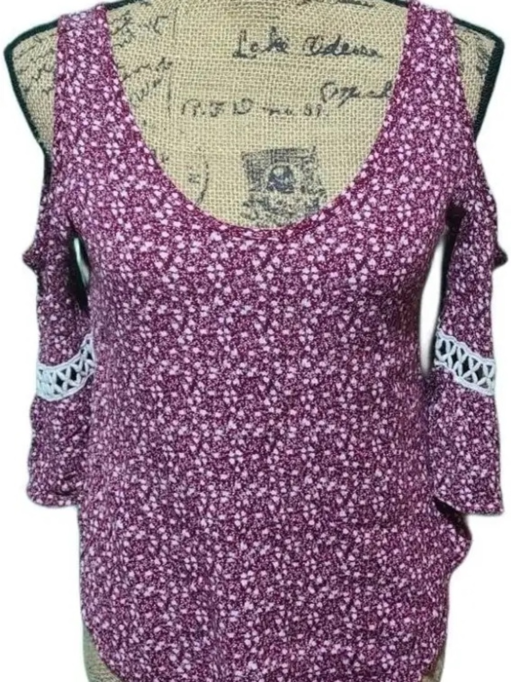 Boho Burgundy Floral Open Shoulder Blouse Top 3/4th sleeve